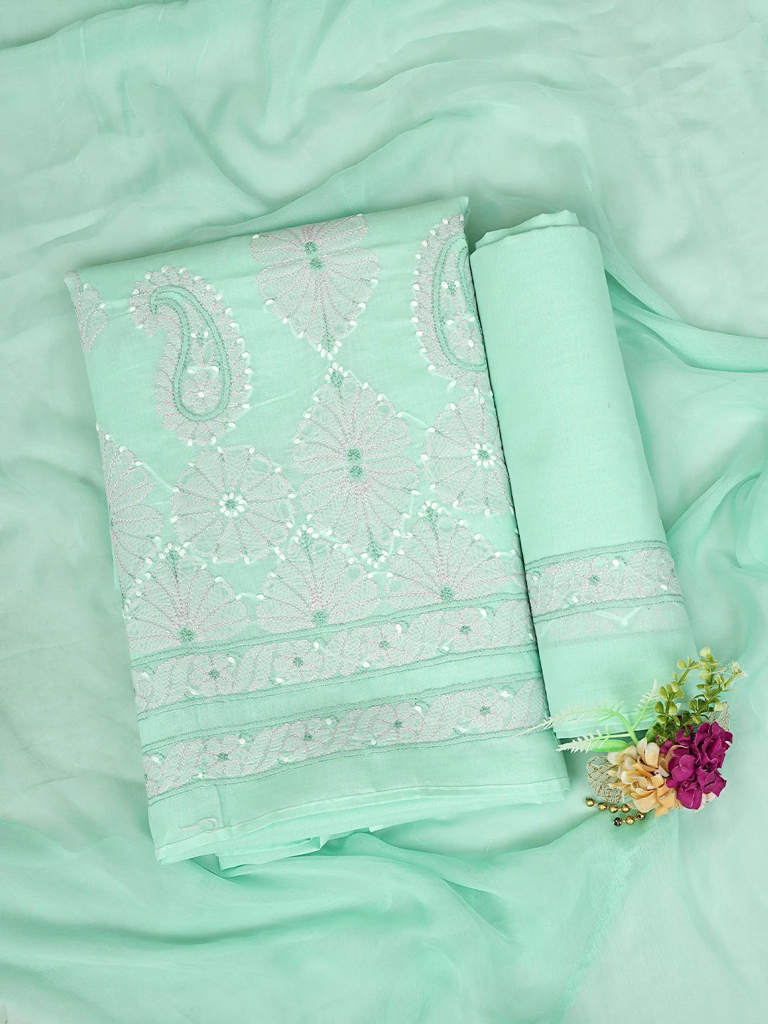 Ada Hand Embroidered Sea Green Cotton Lucknowi Chikankari Unstitched Suit Piece 01A879348