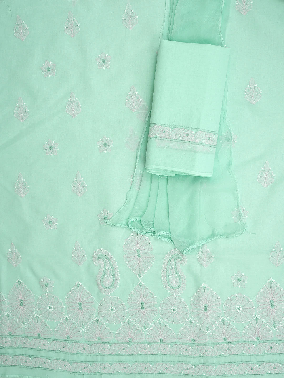 Ada Hand Embroidered Sea Green Cotton Lucknowi Chikankari Unstitched Suit Piece 01A879348