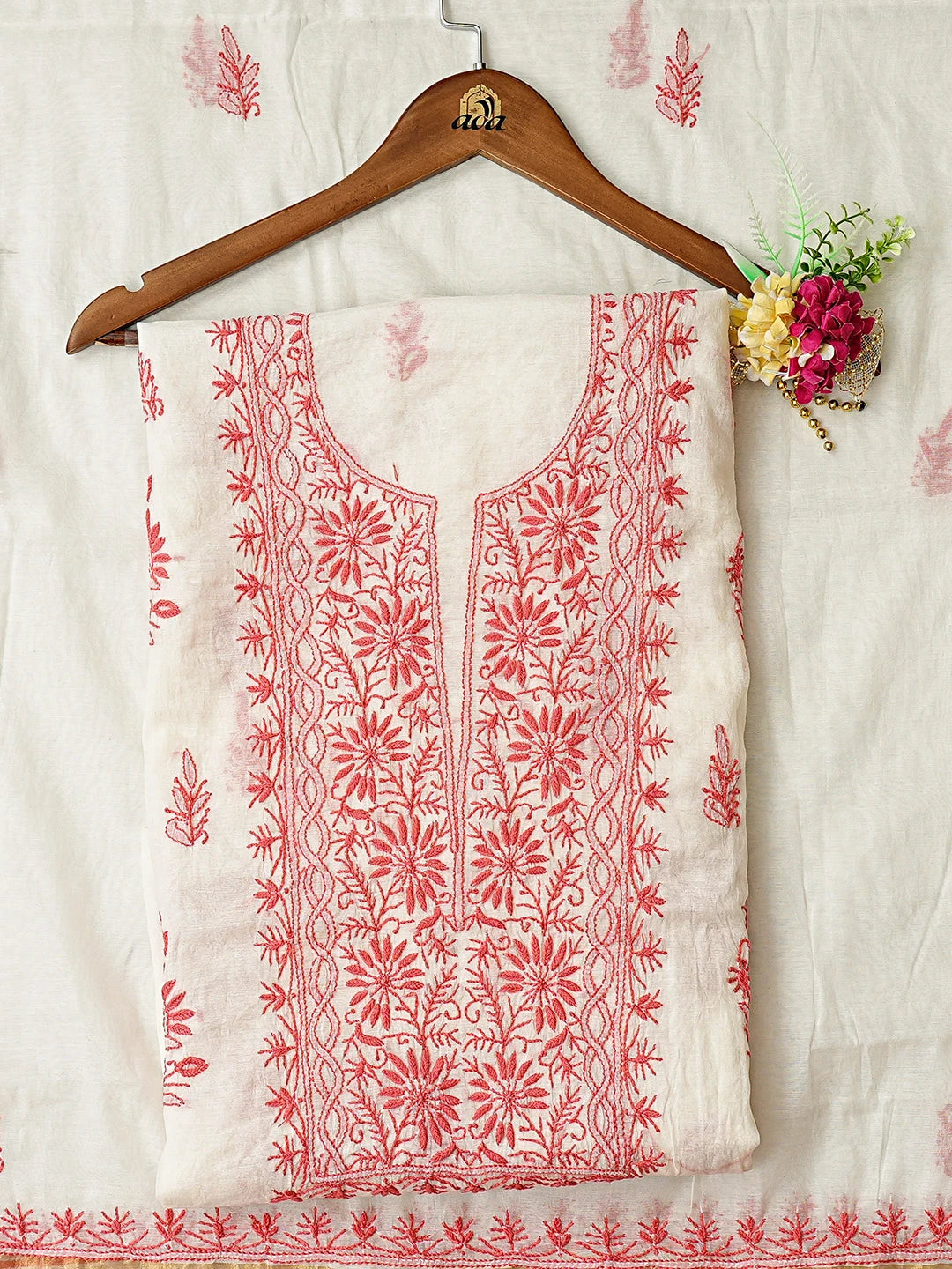 Ada Hand Embroidered White Chanderi Lucknowi Chikankari Unstitched Kurta Dupatta Set 01A883142