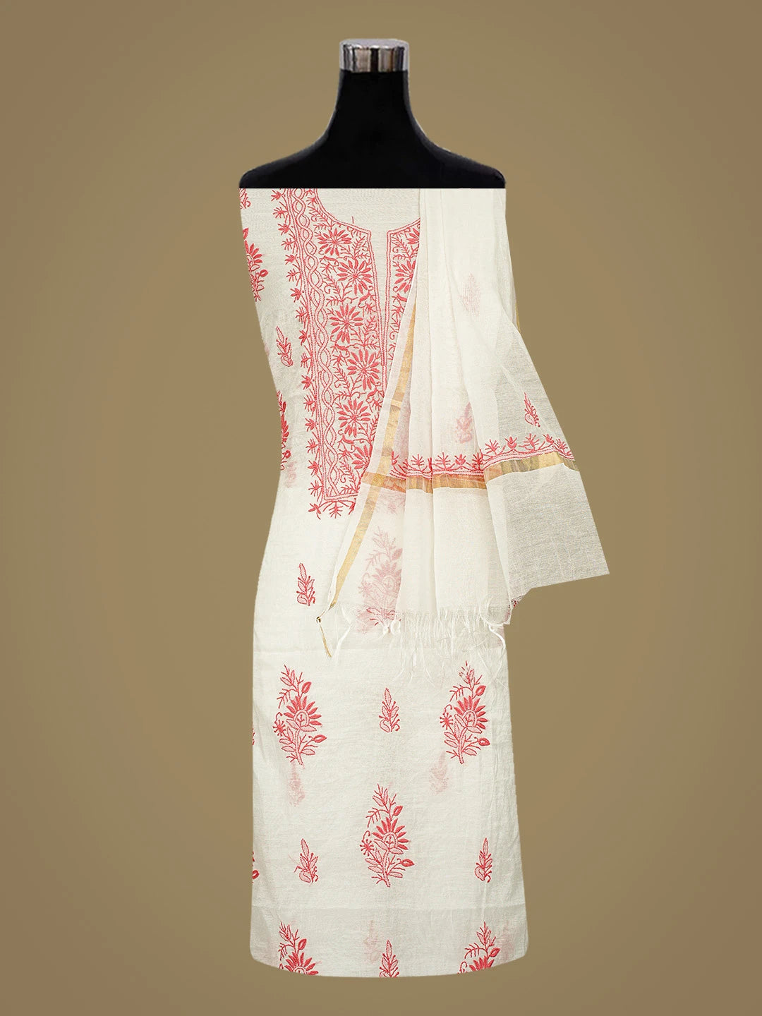 Ada Hand Embroidered White Chanderi Lucknowi Chikankari Unstitched Kurta Dupatta Set 01A883142