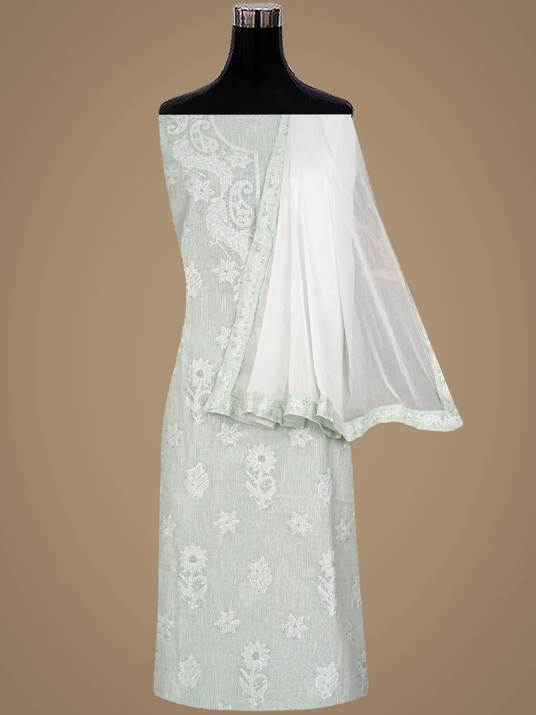 Ada Hand Embroidered Tea Green Linen Lucknowi Chikankari Unstitched Suit Piece 01A885313