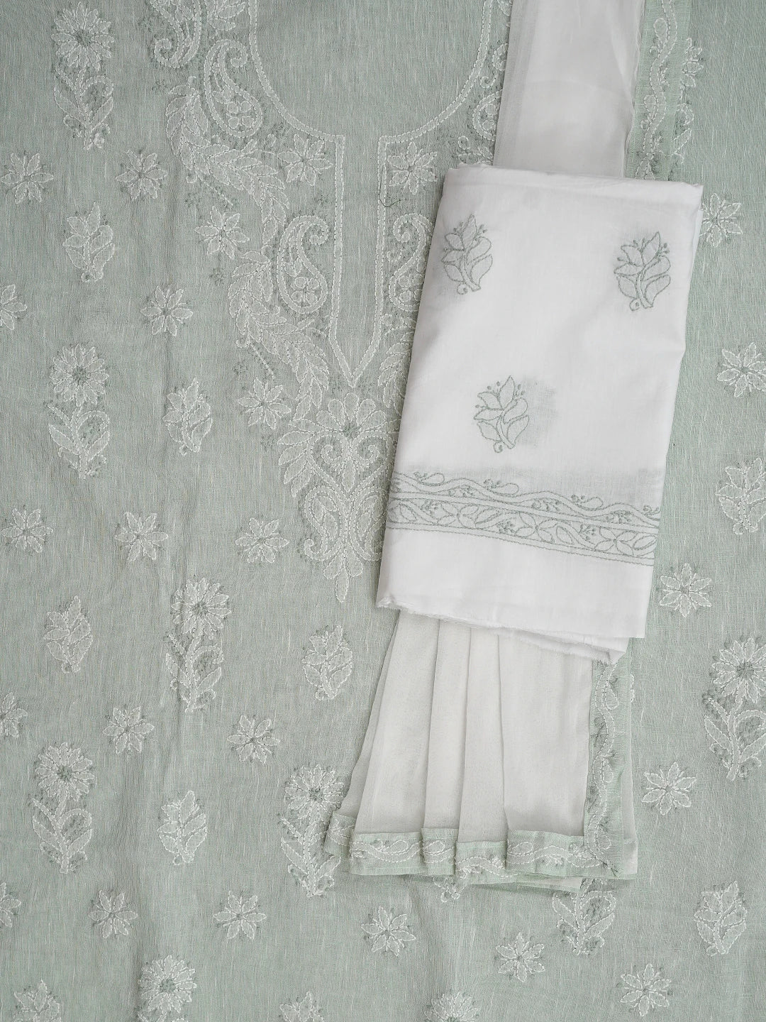 Ada Hand Embroidered Tea Green Linen Lucknowi Chikankari Unstitched Suit Piece 01A885313