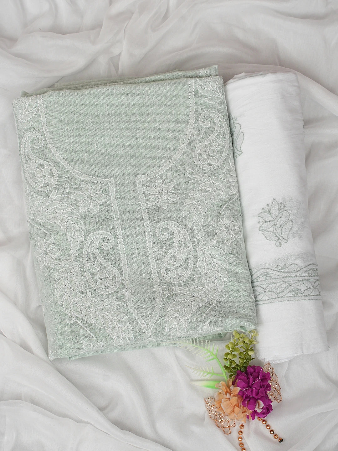 Ada Hand Embroidered Tea Green Linen Lucknowi Chikankari Unstitched Suit Piece 01A885313