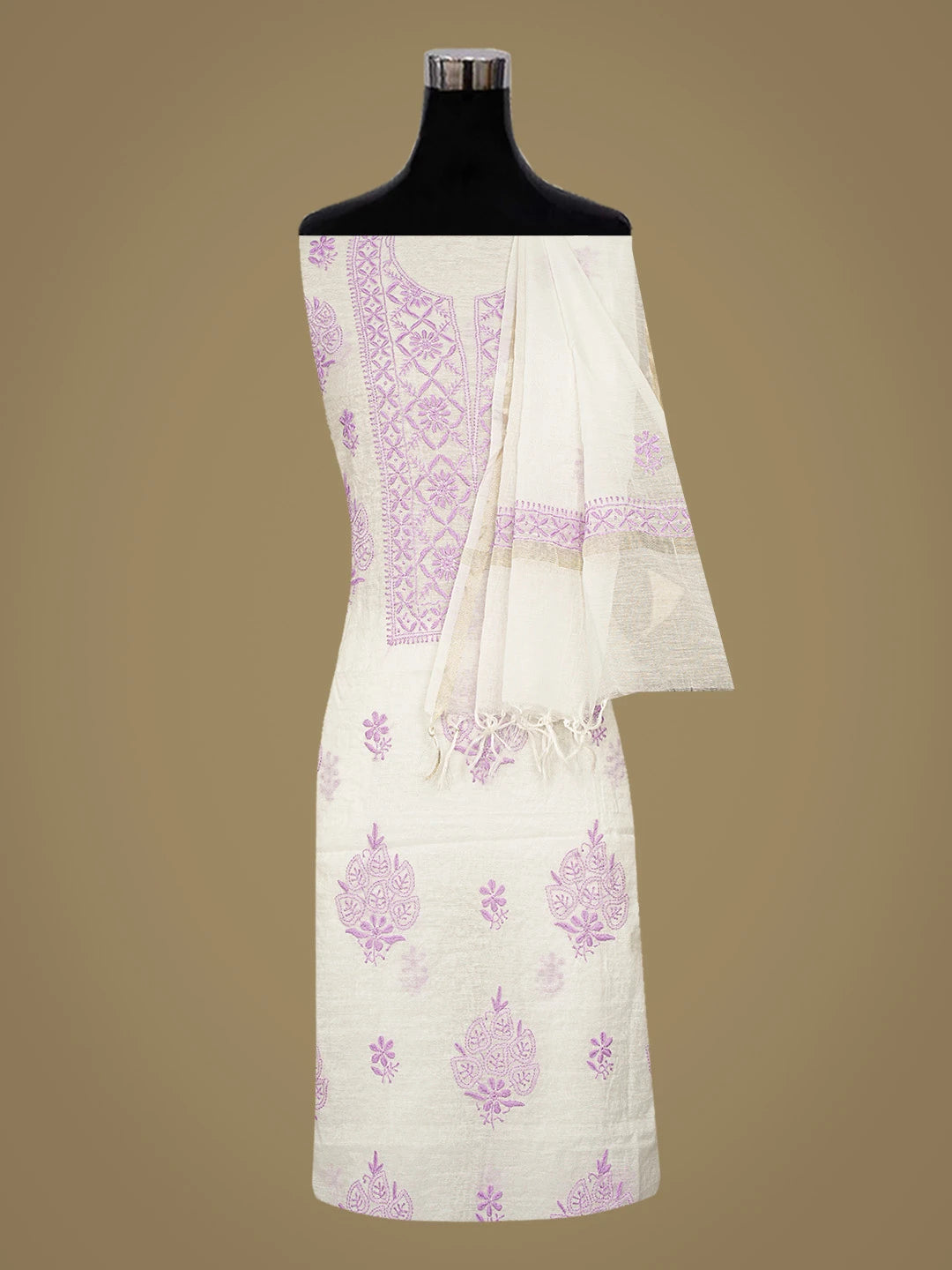 Ada Hand Embroidered White Chanderi Lucknowi Chikankari Unstitched Kurta Dupatta Set 01A883138