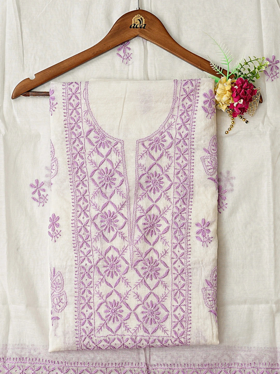 Ada Hand Embroidered White Chanderi Lucknowi Chikankari Unstitched Kurta Dupatta Set 01A883138