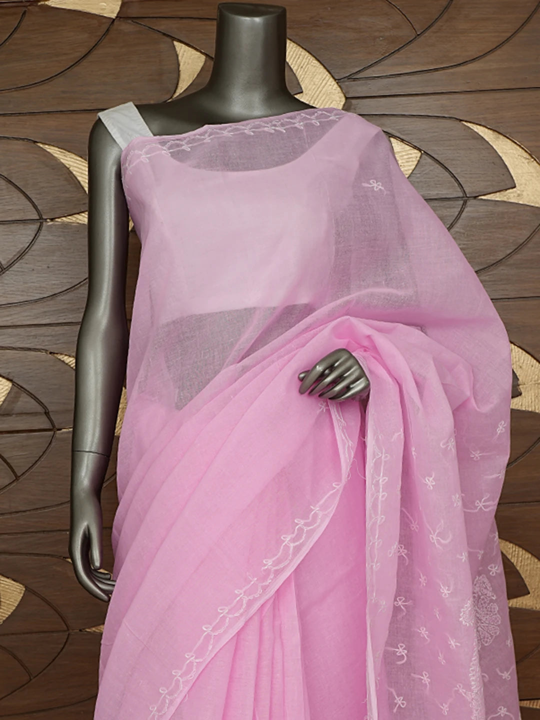 Ada Hand Embroidered Pink Cotton Lucknowi Chikankari Saree and Blouse 01A882903