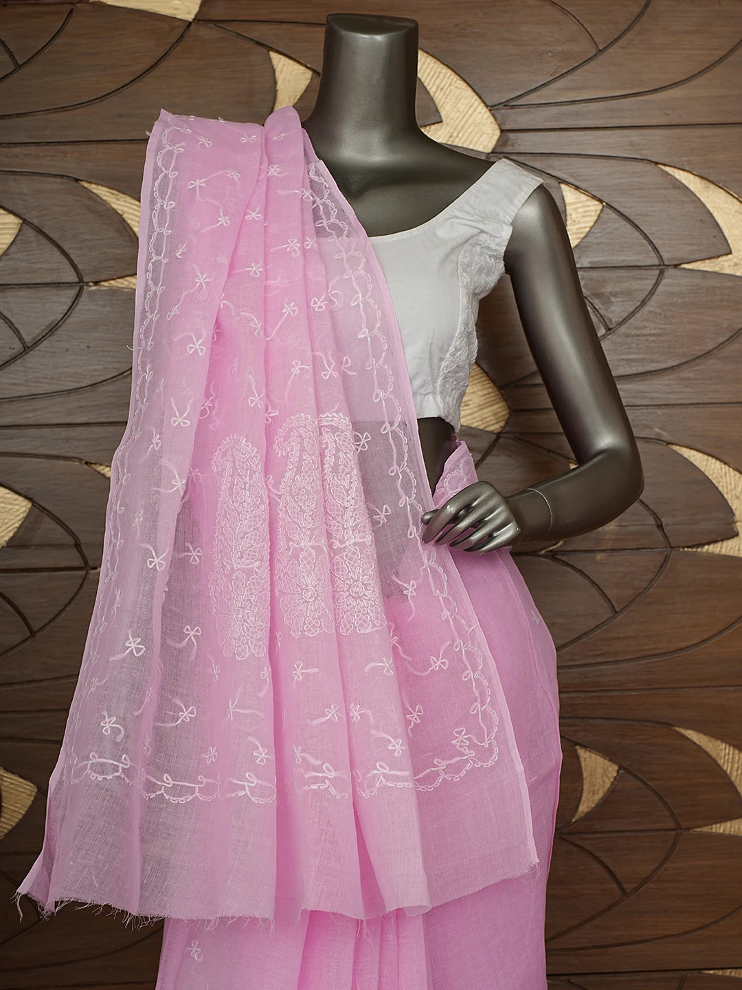 Ada Hand Embroidered Pink Cotton Lucknowi Chikankari Saree and Blouse 01A882903