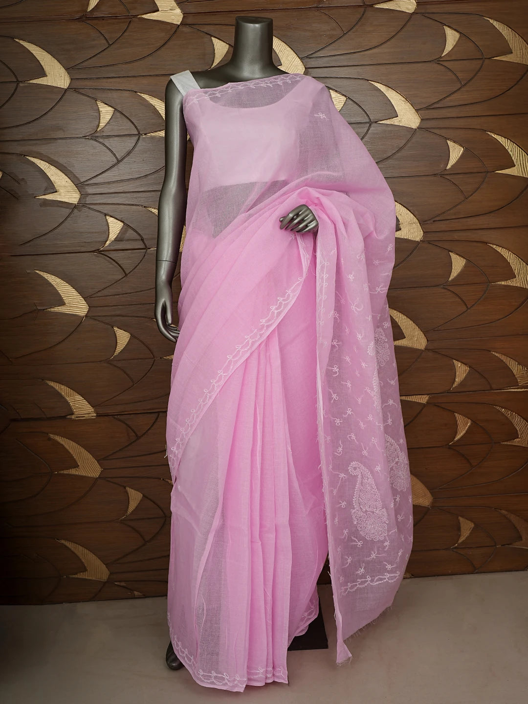 Ada Hand Embroidered Pink Cotton Lucknowi Chikankari Saree and Blouse 01A882903