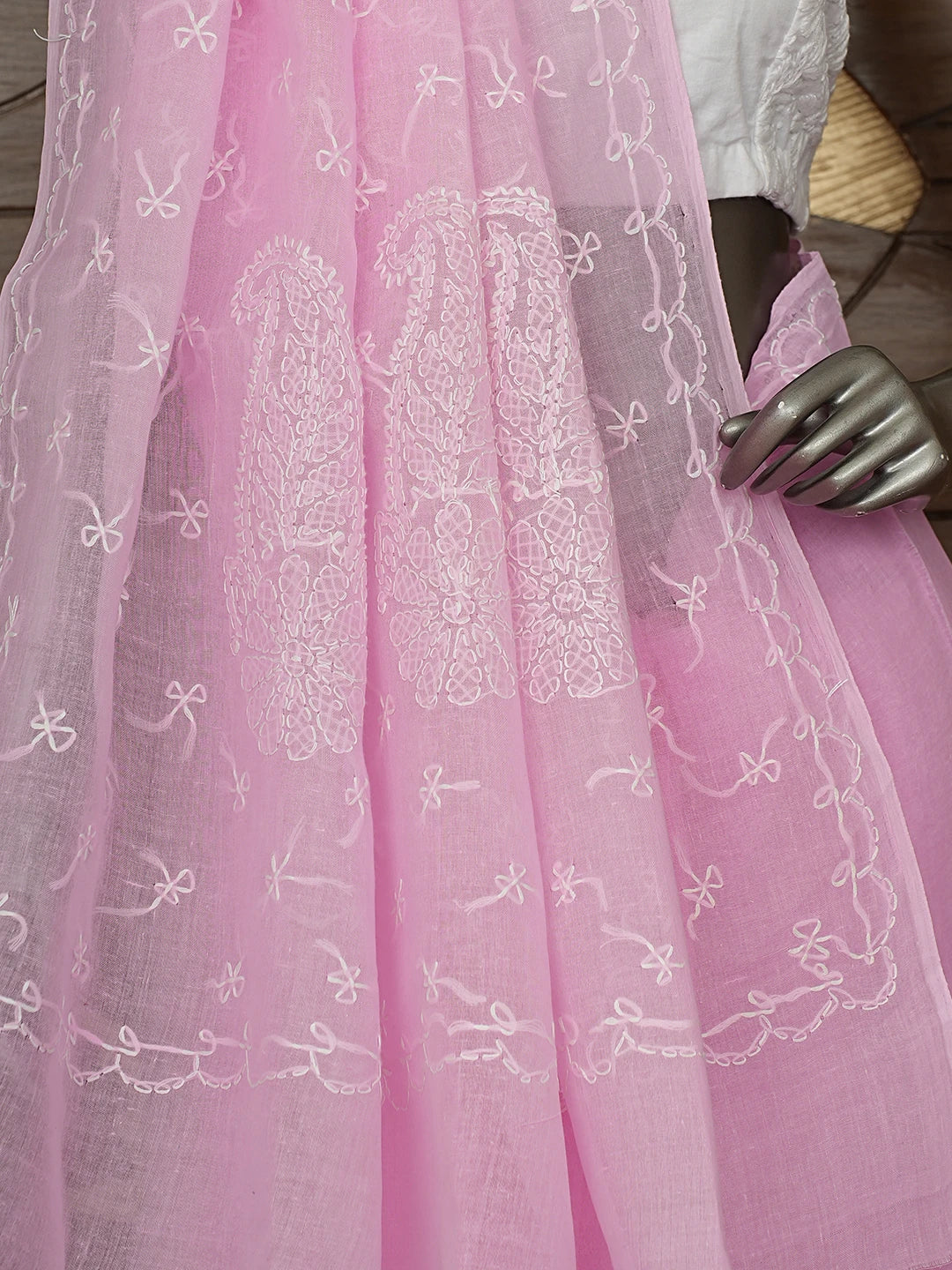 Ada Hand Embroidered Pink Cotton Lucknowi Chikankari Saree and Blouse 01A882903
