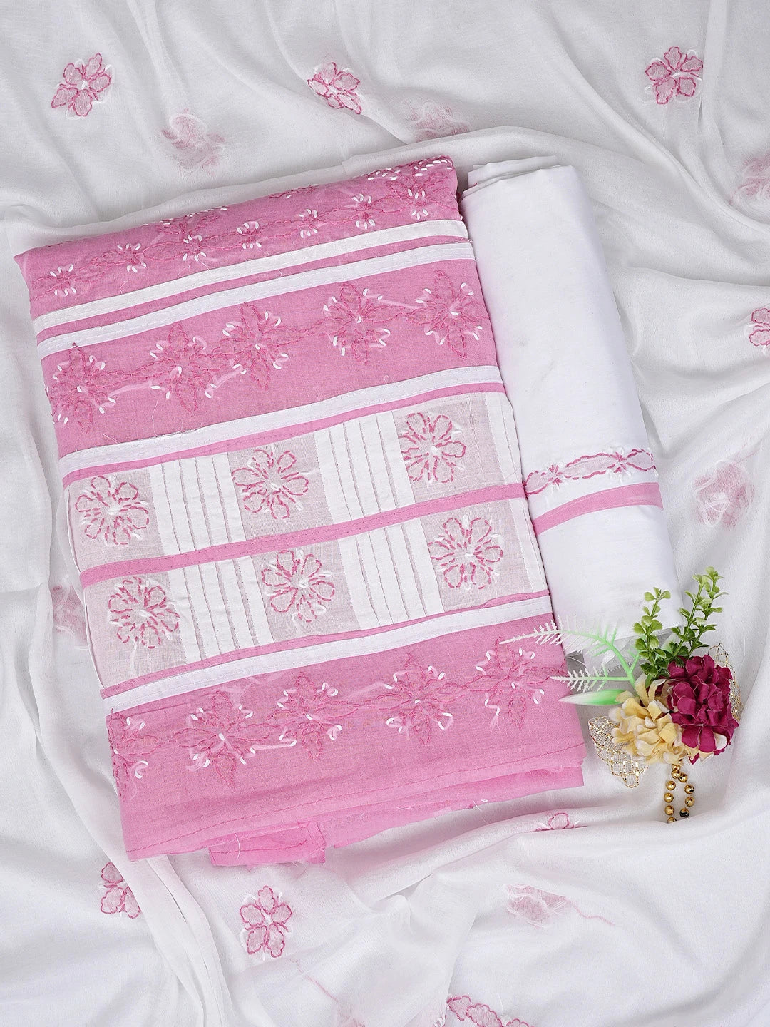 Ada Hand Embroidered Pink Cotton Lucknowi Chikankari Unstitched Suit Piece 01A882729