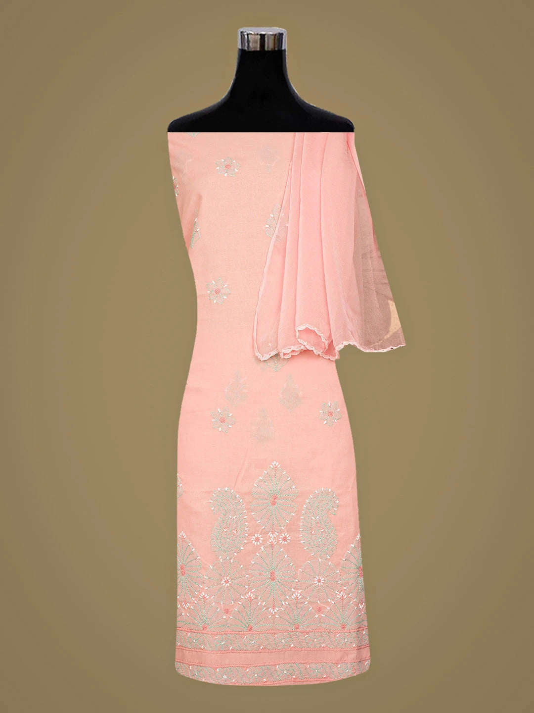 Ada Hand Embroidered Peach Cotton Lucknowi Chikankari Unstitched Suit Piece 01A879298