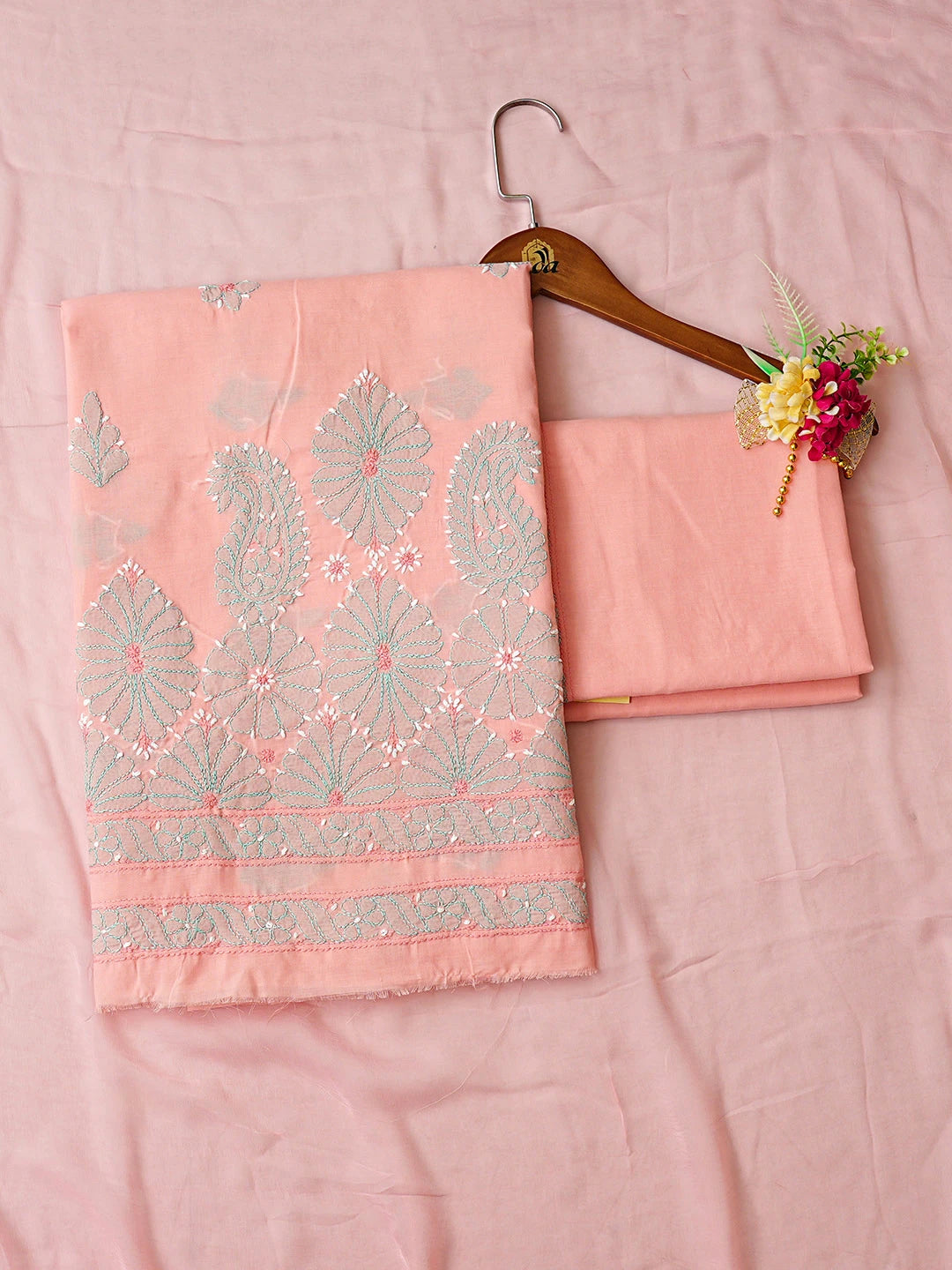 Ada Hand Embroidered Peach Cotton Lucknowi Chikankari Unstitched Suit Piece 01A879298