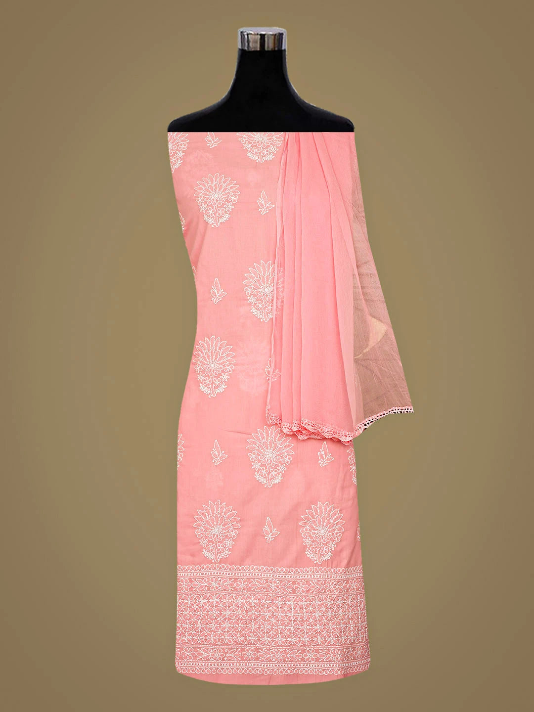 Ada Hand Embroidered Peach Cotton Lucknowi Chikankari Unstitched Suit Piece 01A783024