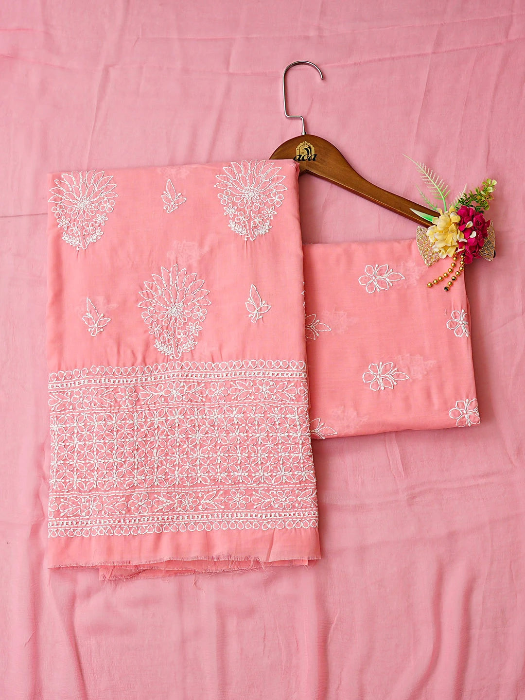 Ada Hand Embroidered Peach Cotton Lucknowi Chikankari Unstitched Suit Piece 01A783024