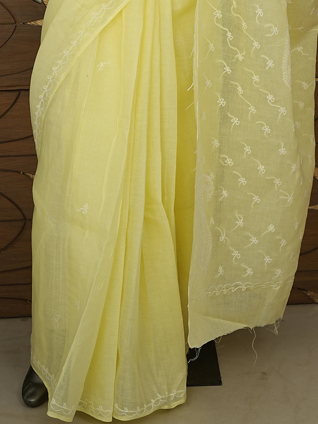 Ada Hand Embroidered Lemon Cotton Lucknowi Chikankari Saree and Blouse 01A882913