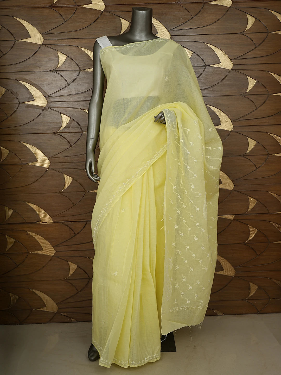 Ada Hand Embroidered Lemon Cotton Lucknowi Chikankari Saree and Blouse 01A882913