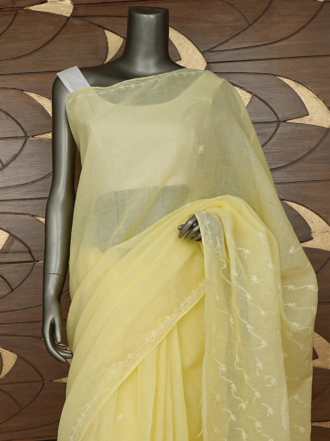 Ada Hand Embroidered Lemon Cotton Lucknowi Chikankari Saree and Blouse 01A882913