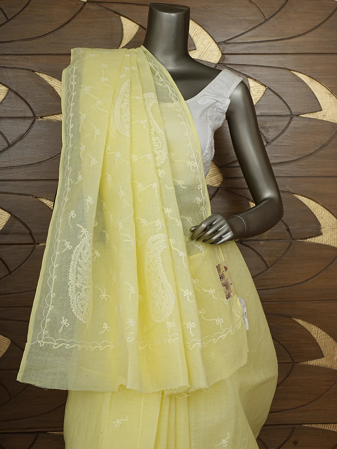 Ada Hand Embroidered Lemon Cotton Lucknowi Chikankari Saree and Blouse 01A882913