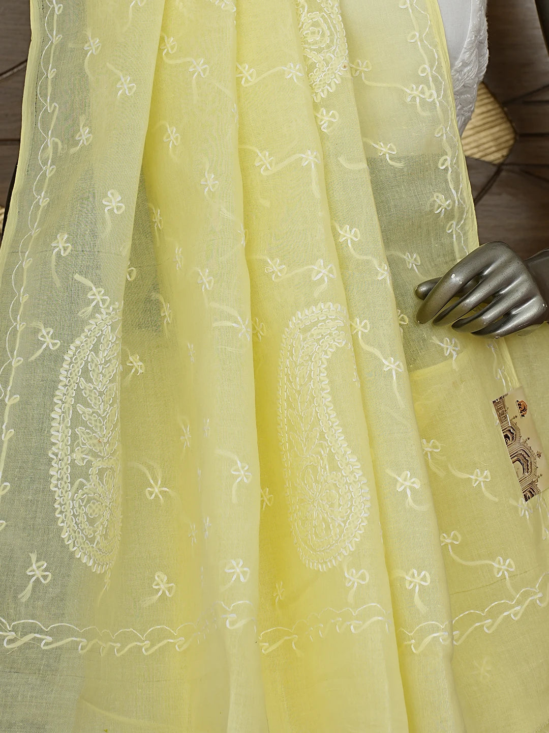Ada Hand Embroidered Lemon Cotton Lucknowi Chikankari Saree and Blouse 01A882913