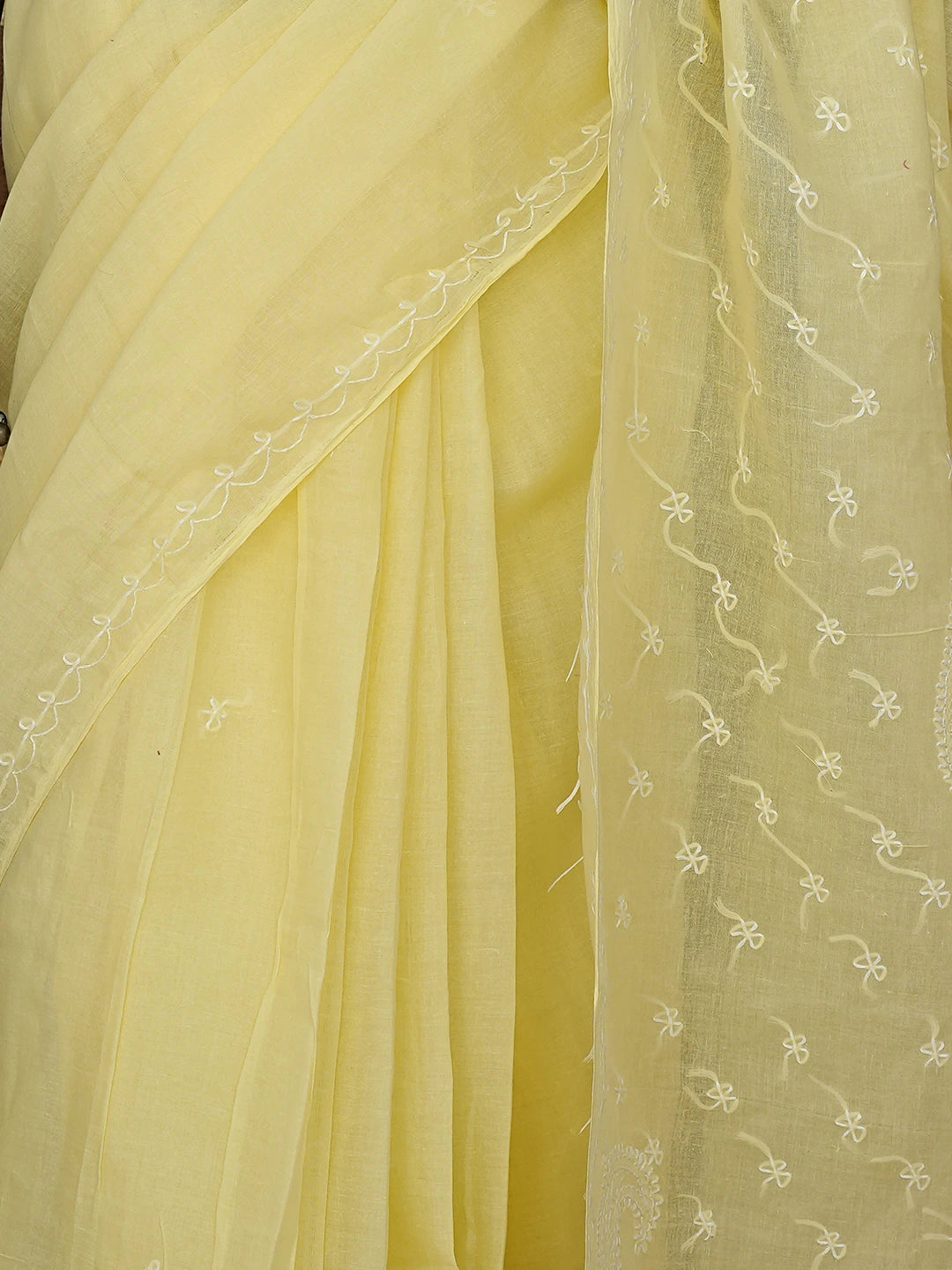 Ada Hand Embroidered Lemon Cotton Lucknowi Chikankari Saree and Blouse 01A882913