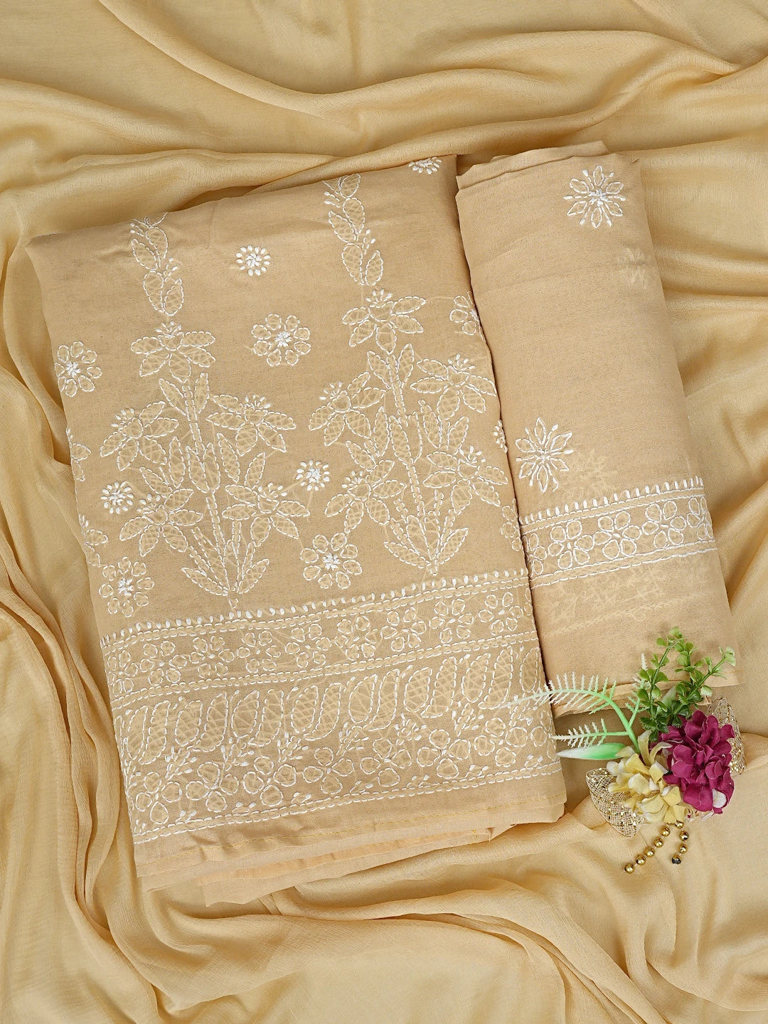 Ada Hand Embroidered Fawn Cotton Lucknowi Chikankari Unstitched Suit Piece 01A881420