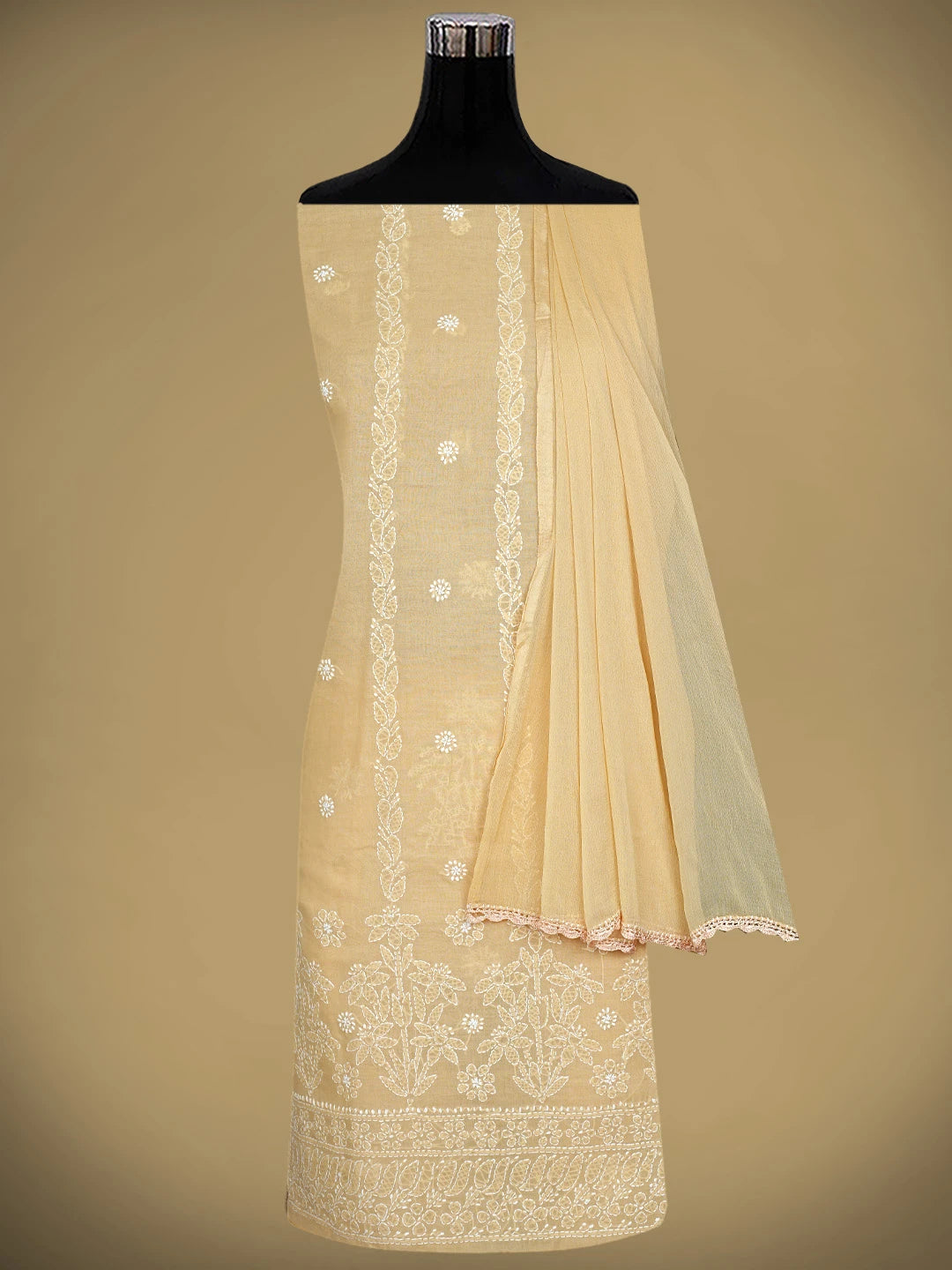 Ada Hand Embroidered Fawn Cotton Lucknowi Chikankari Unstitched Suit Piece 01A881420