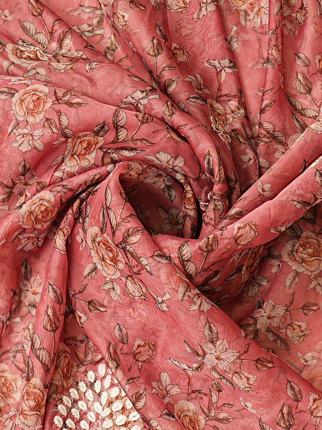 Ada Hand Embroidered Floral Printed Dusty Peach Organza Lucknowi Chikankari Unstitched Kurta Dupatta Set 01A876702