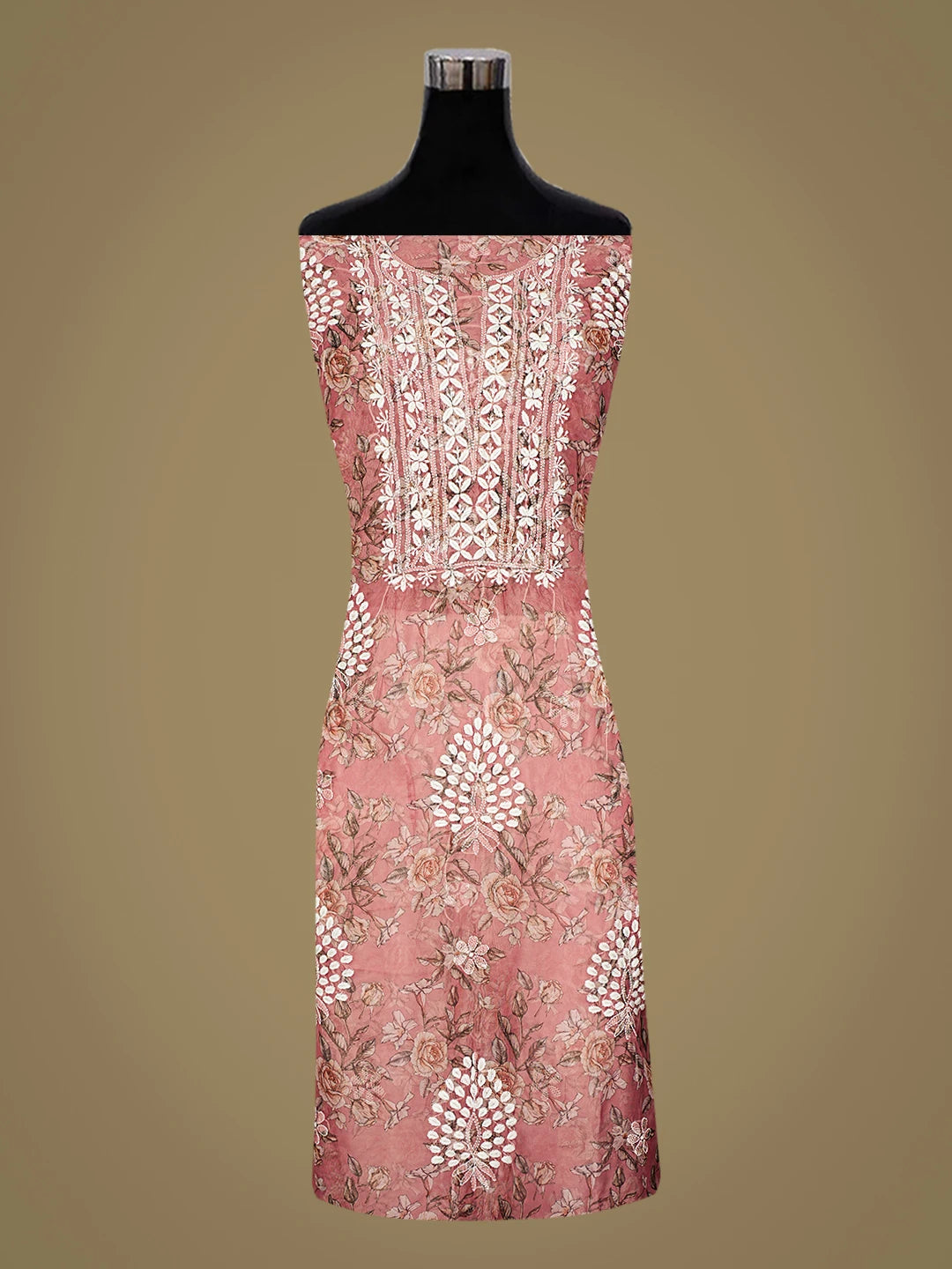 Ada Hand Embroidered Floral Printed Dusty Peach Organza Lucknowi Chikankari Unstitched Kurta Dupatta Set 01A876702