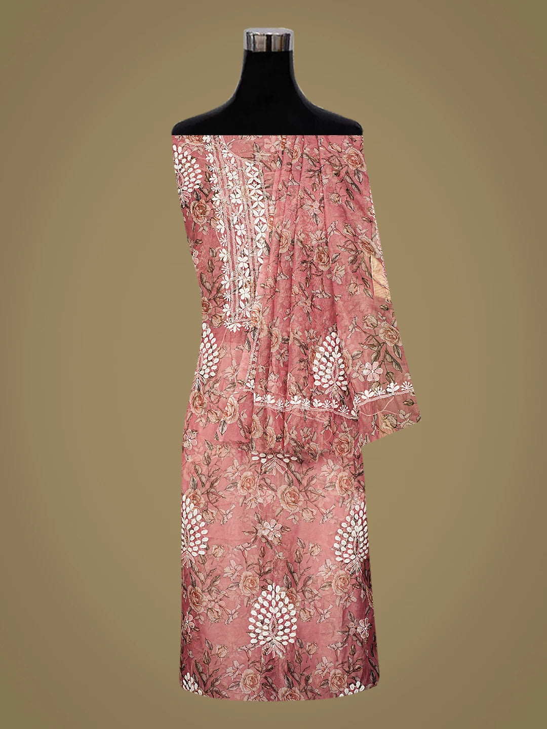 Ada Hand Embroidered Floral Printed Dusty Peach Organza Lucknowi Chikankari Unstitched Kurta Dupatta Set 01A876702
