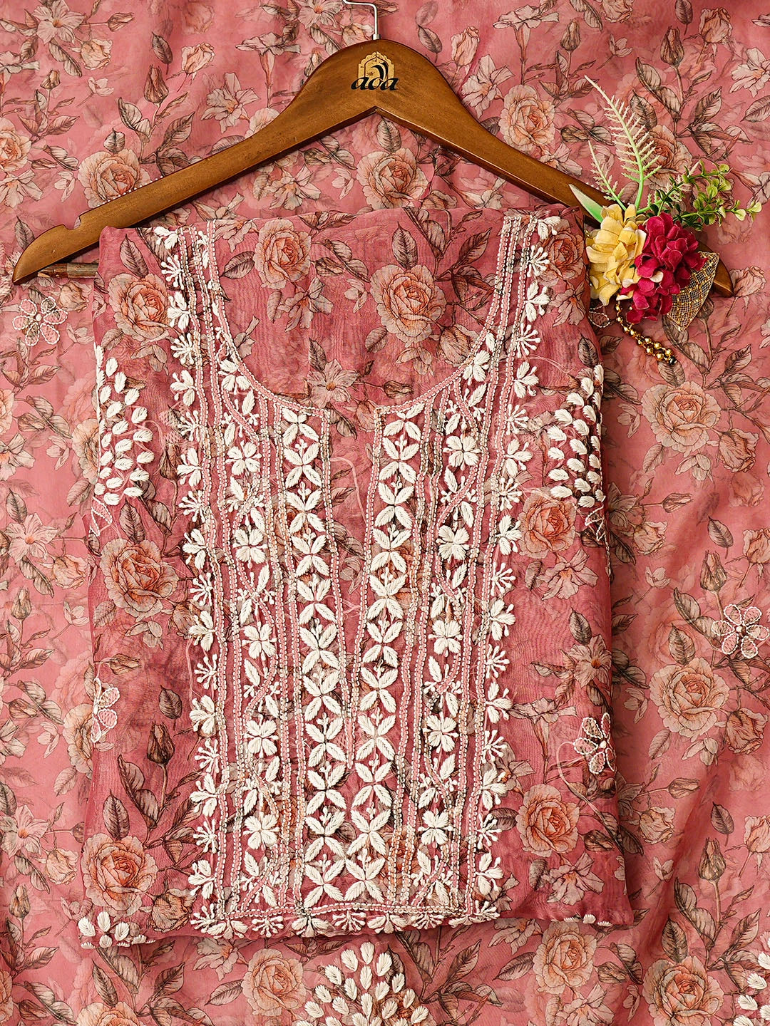Ada Hand Embroidered Floral Printed Dusty Peach Organza Lucknowi Chikankari Unstitched Kurta Dupatta Set 01A876702