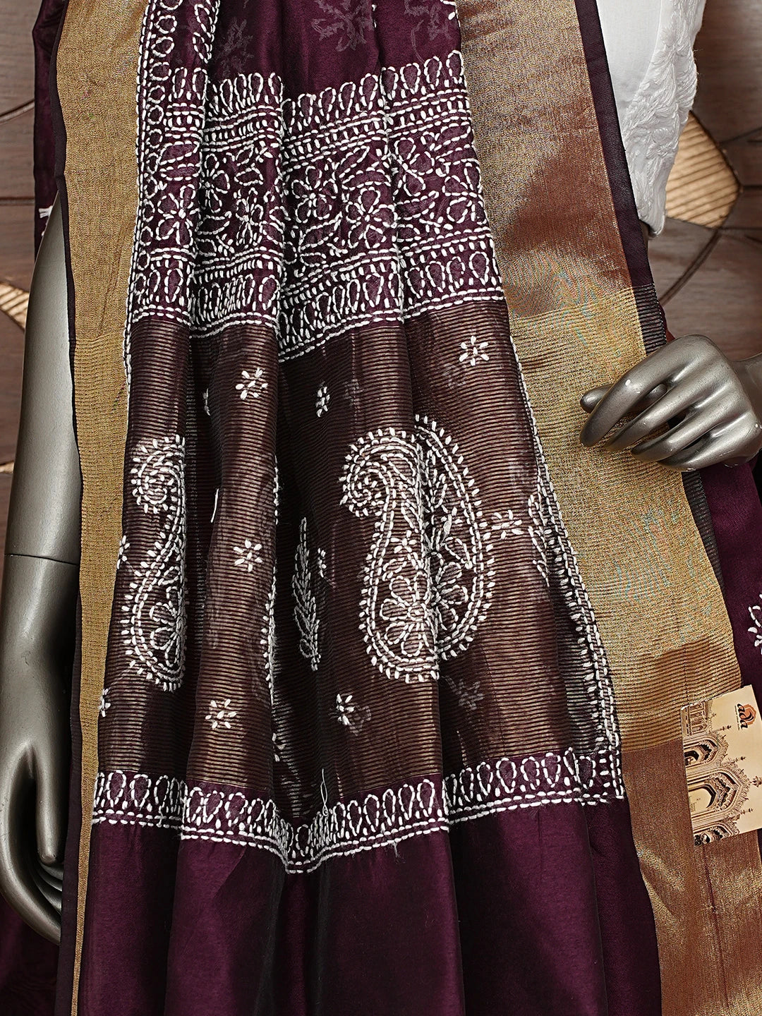 Ada Hand Embroidered Wine Chanderi Lucknowi Chikankari Saree With Blouse 01A878653