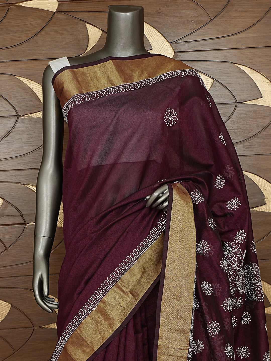 Ada Hand Embroidered Wine Chanderi Lucknowi Chikankari Saree With Blouse 01A878653