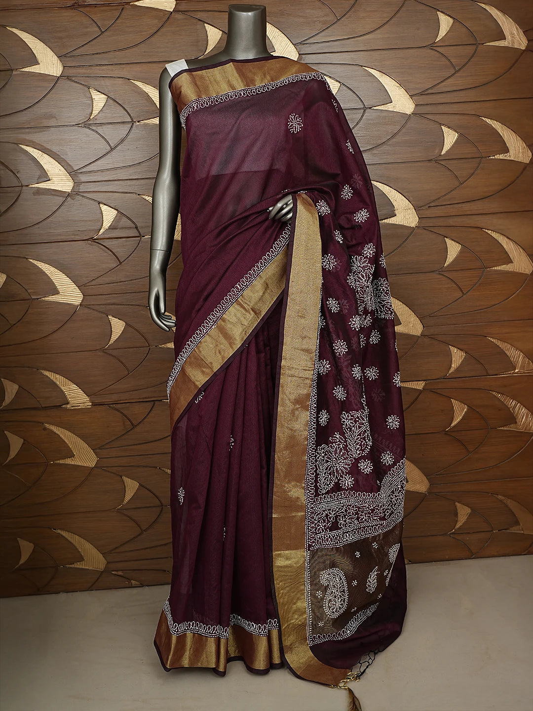 Ada Hand Embroidered Wine Chanderi Lucknowi Chikankari Saree With Blouse 01A878653