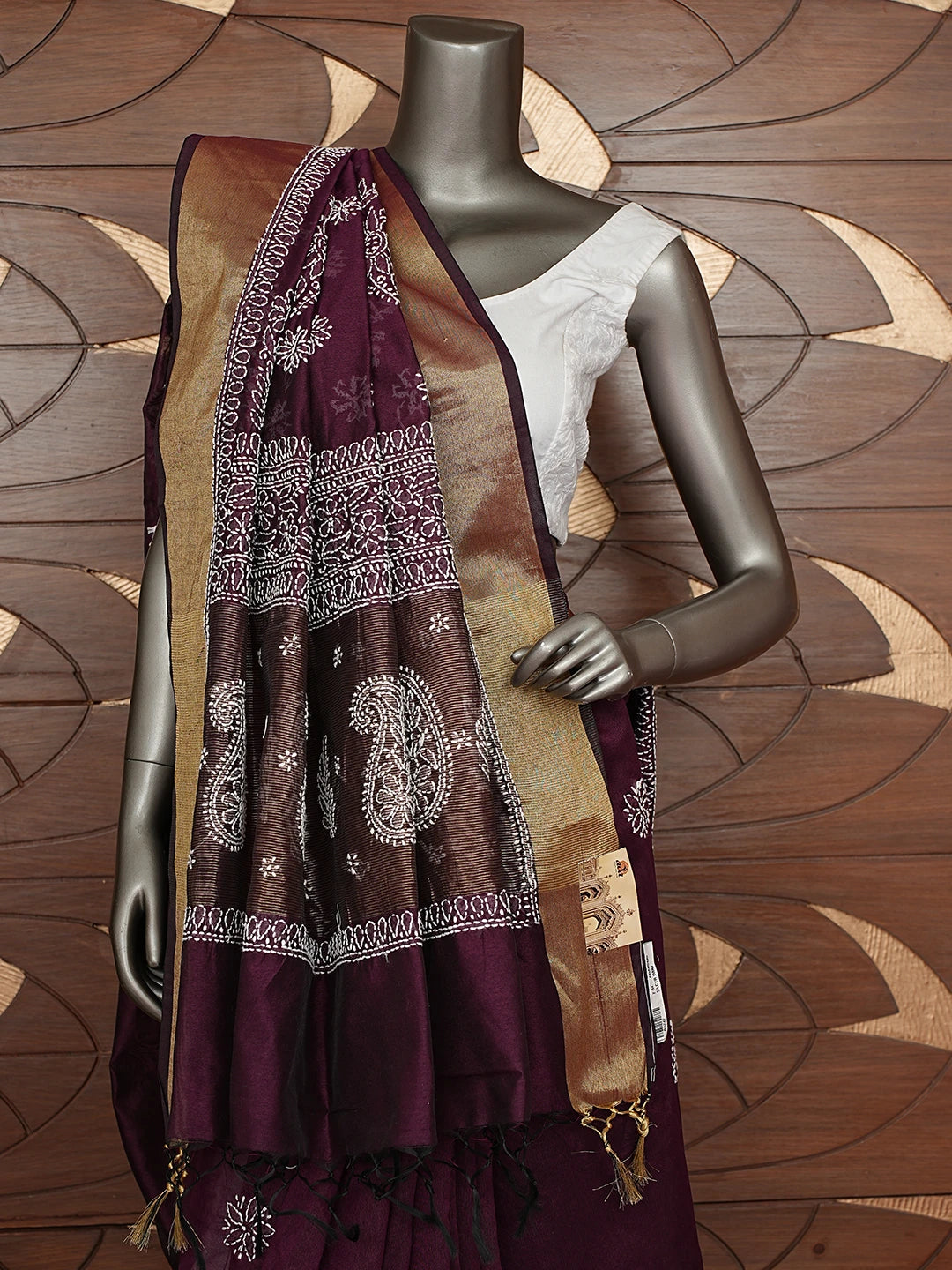 Ada Hand Embroidered Wine Chanderi Lucknowi Chikankari Saree With Blouse 01A878653