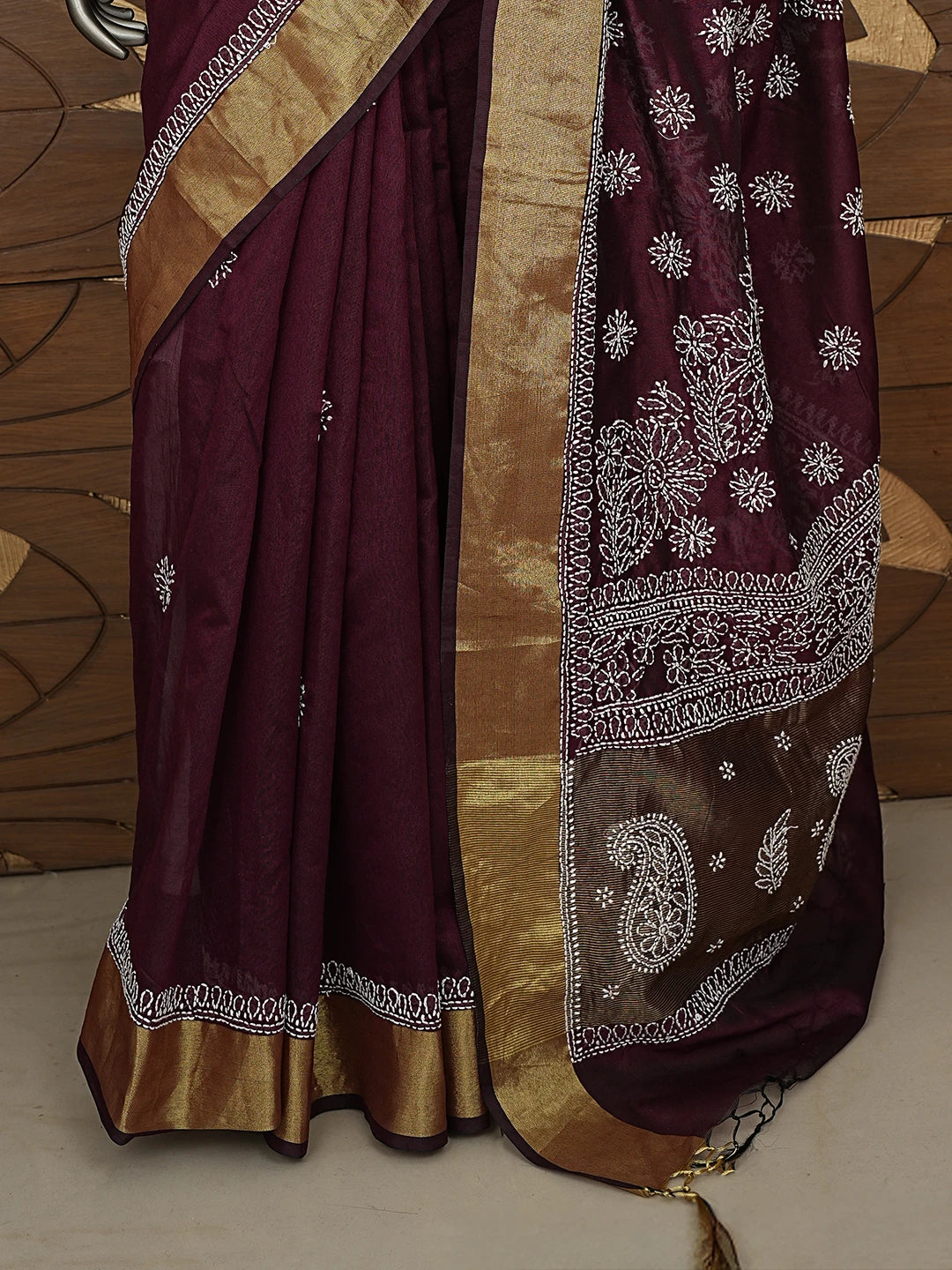 Ada Hand Embroidered Wine Chanderi Lucknowi Chikankari Saree With Blouse 01A878653