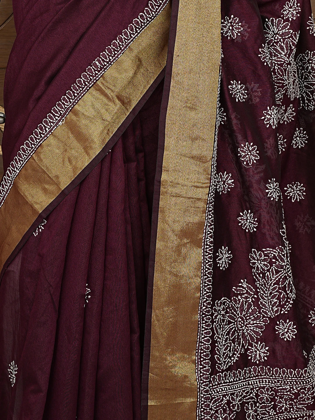 Ada Hand Embroidered Wine Chanderi Lucknowi Chikankari Saree With Blouse 01A878653