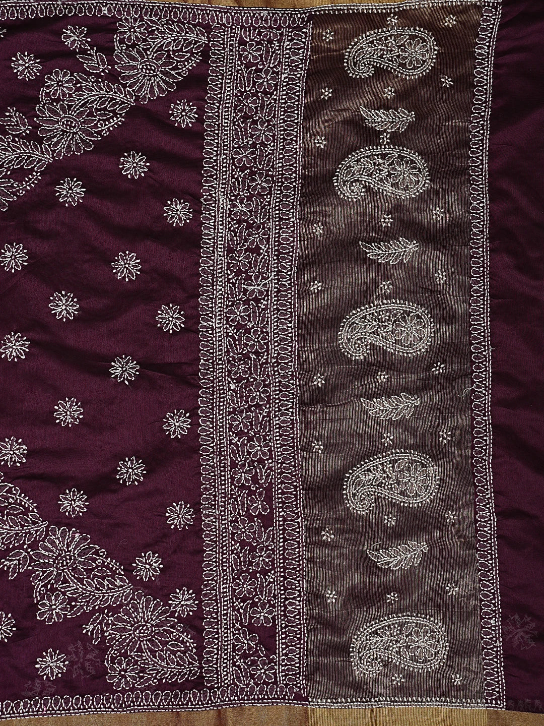 Ada Hand Embroidered Wine Chanderi Lucknowi Chikankari Saree With Blouse 01A878653