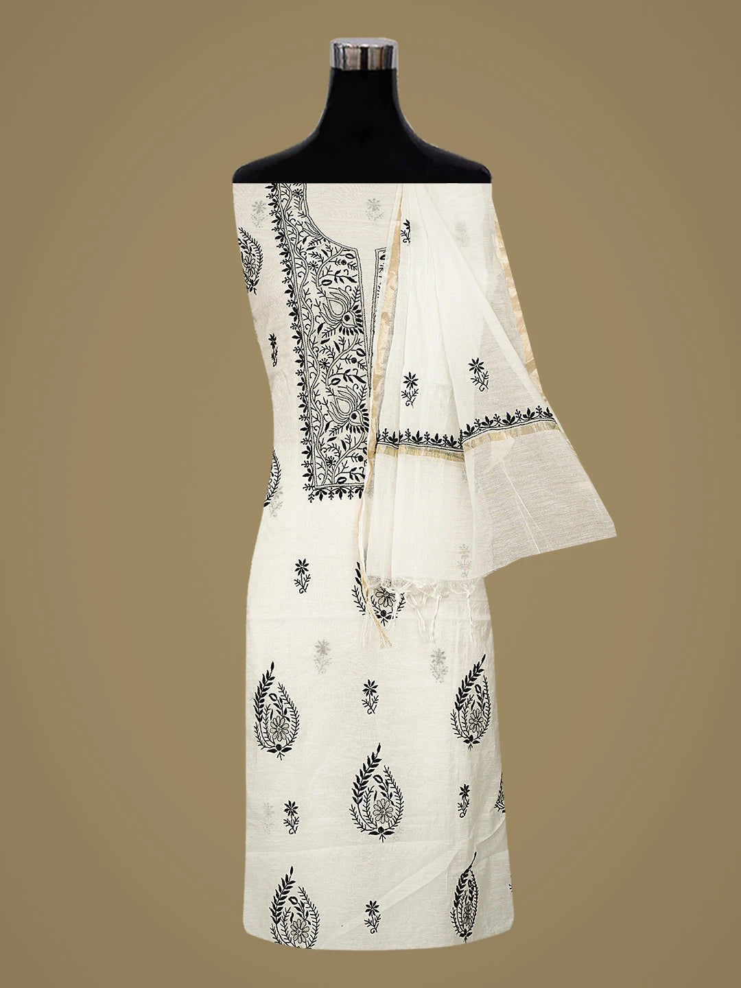 Ada Hand Embroidered White Chanderi Lucknowi Chikankari Unstitched Kurta Dupatta Set 01A883121