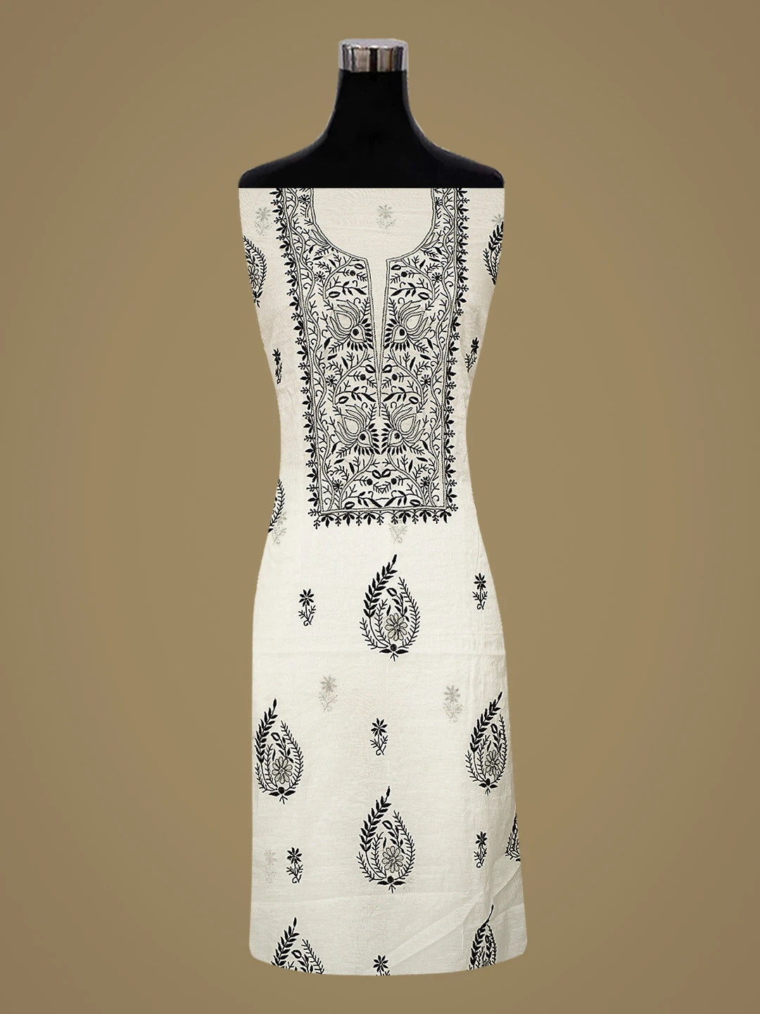 Ada Hand Embroidered White Chanderi Lucknowi Chikankari Unstitched Kurta Dupatta Set 01A883121