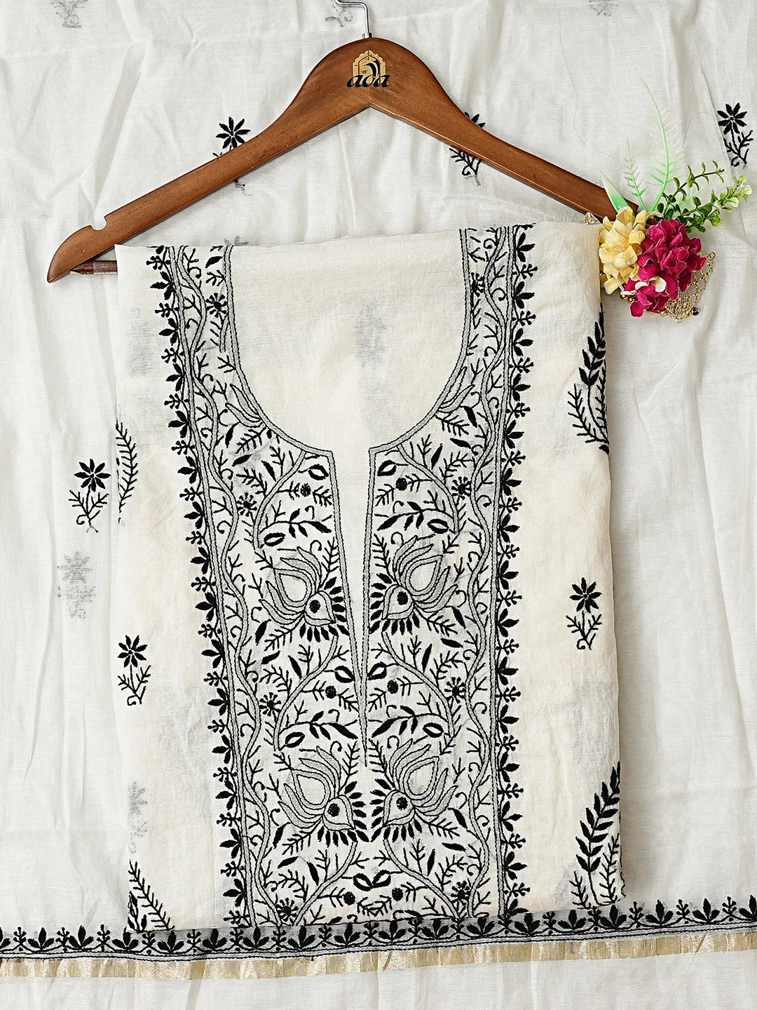 Ada Hand Embroidered White Chanderi Lucknowi Chikankari Unstitched Kurta Dupatta Set 01A883121