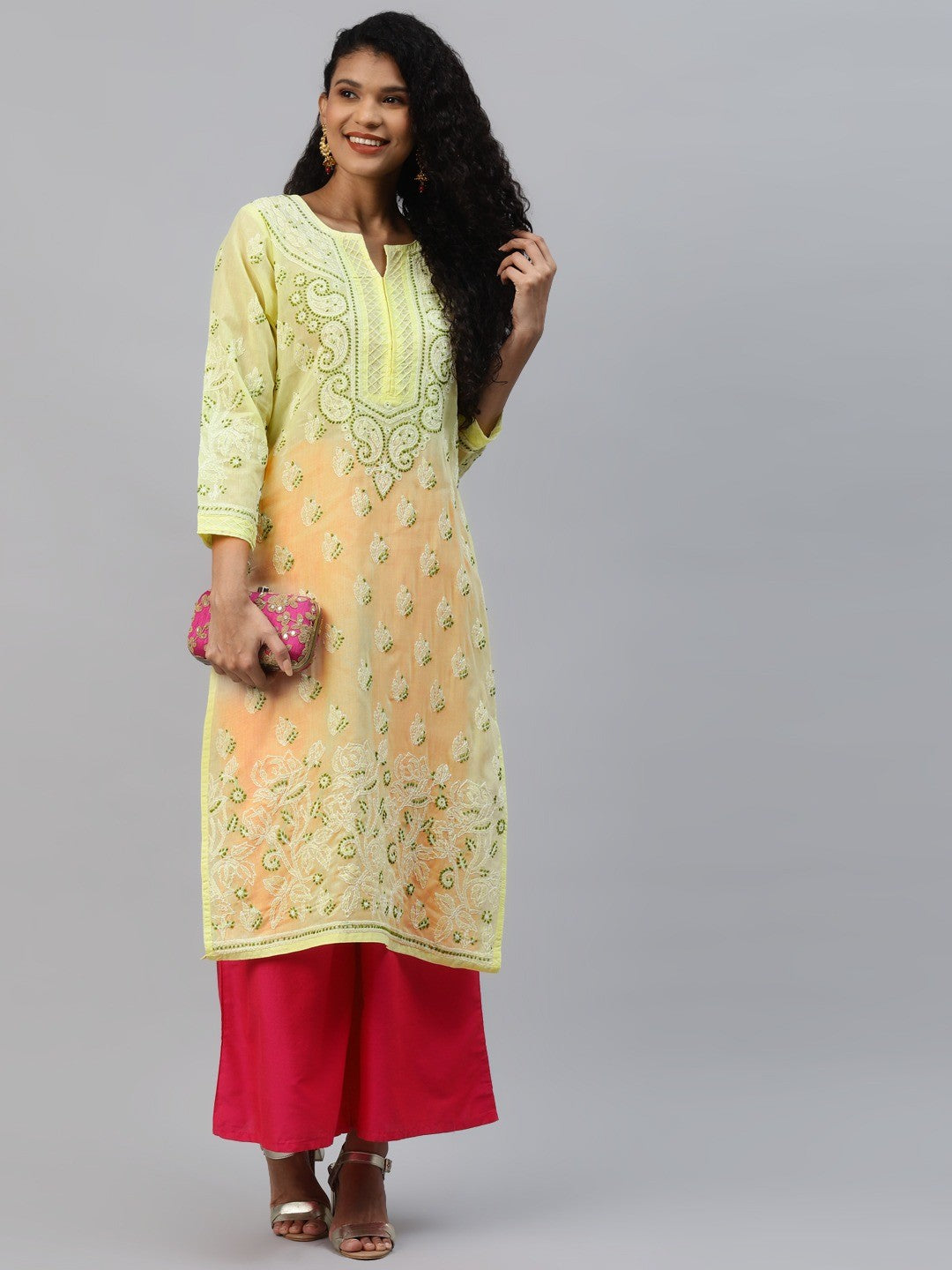 Ada Hand Embroidered Lemon Cotton Lucknowi Chikankari Straight Kurta A221005