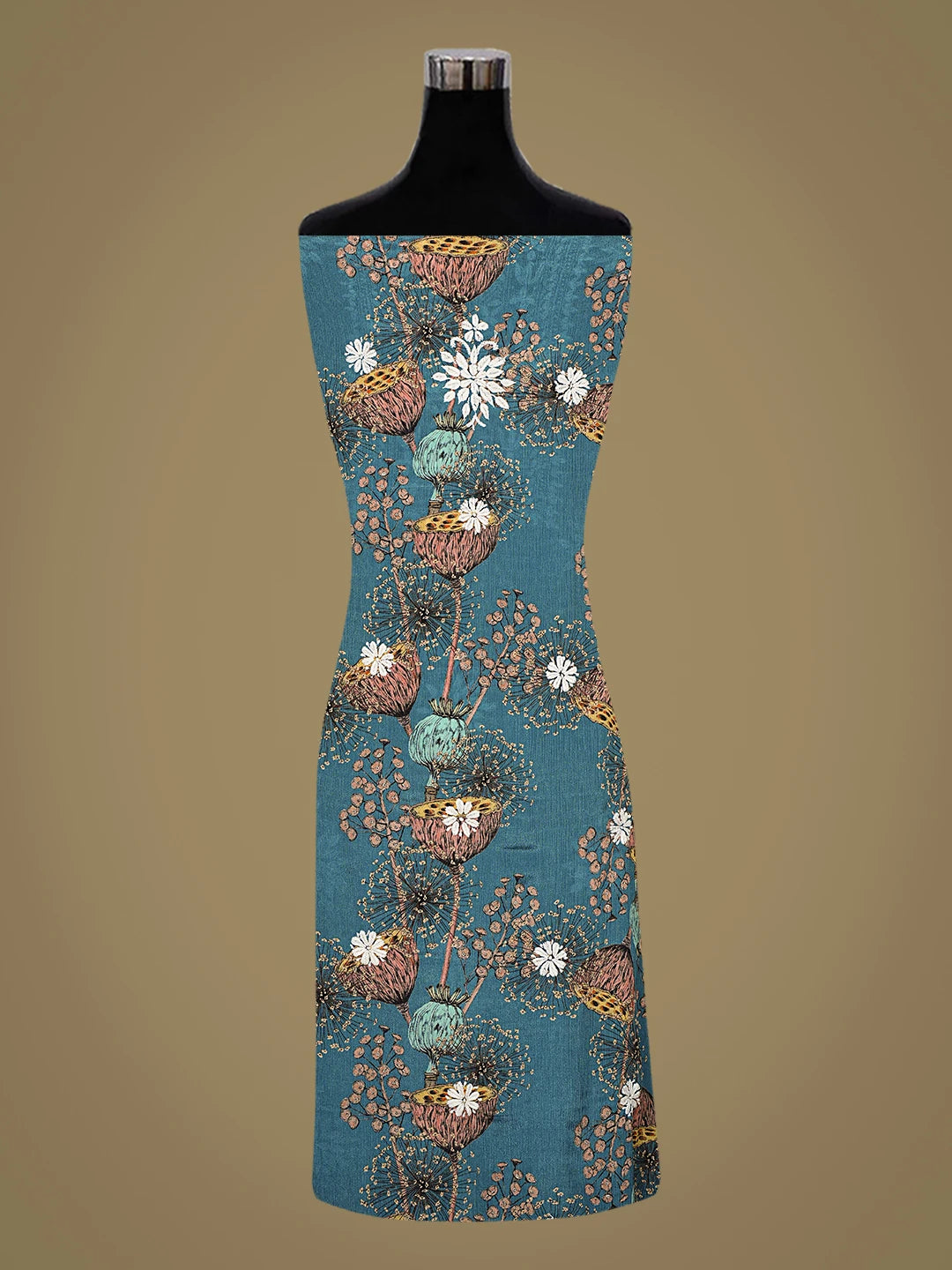 Ada Hand Embroidered Floral Printed Peacock Blue Crepe Lucknowi Chikankari Unstitched Kurta Dupatta Set 01A723037
