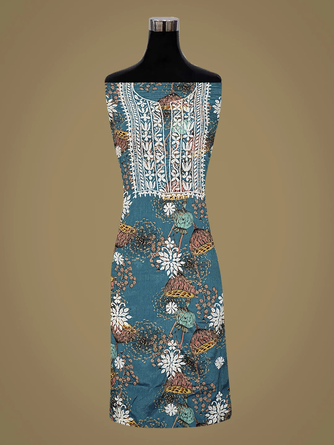 Ada Hand Embroidered Floral Printed Peacock Blue Crepe Lucknowi Chikankari Unstitched Kurta Dupatta Set 01A723037