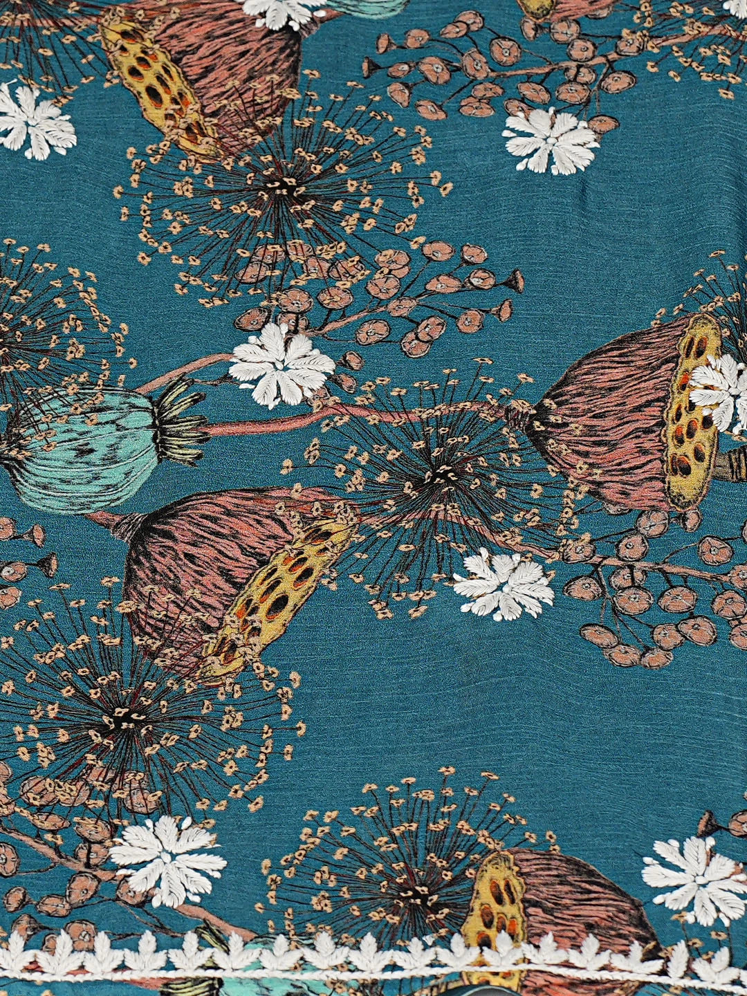Ada Hand Embroidered Floral Printed Peacock Blue Crepe Lucknowi Chikankari Unstitched Kurta Dupatta Set 01A723037