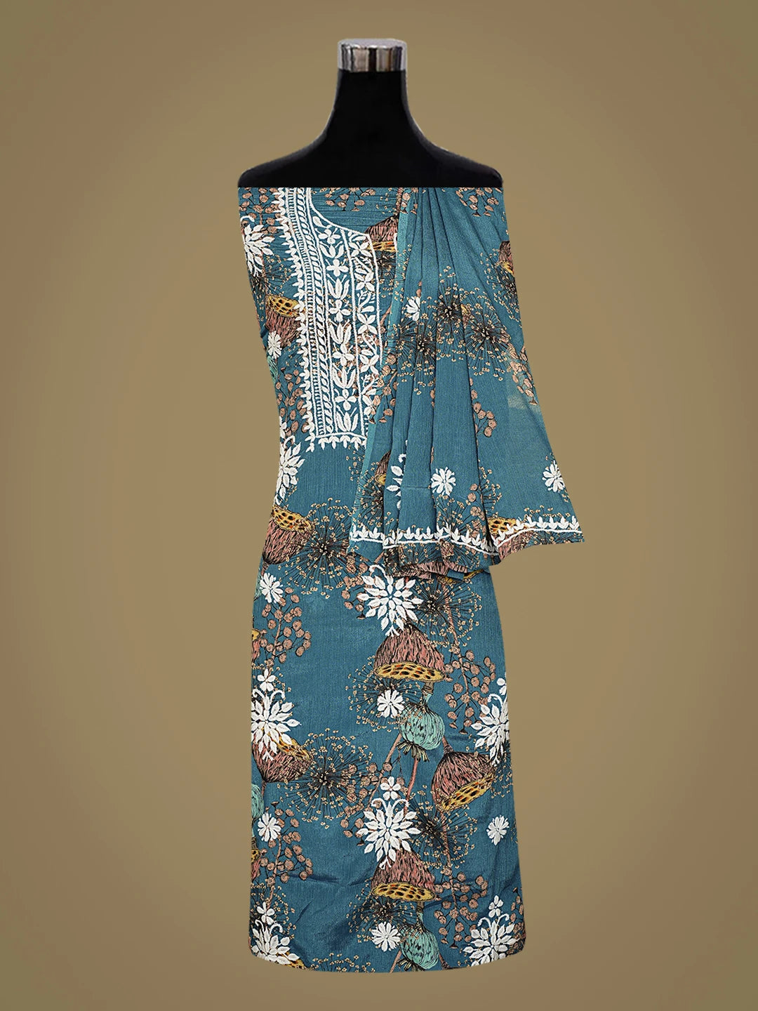 Ada Hand Embroidered Floral Printed Peacock Blue Crepe Lucknowi Chikankari Unstitched Kurta Dupatta Set 01A723037