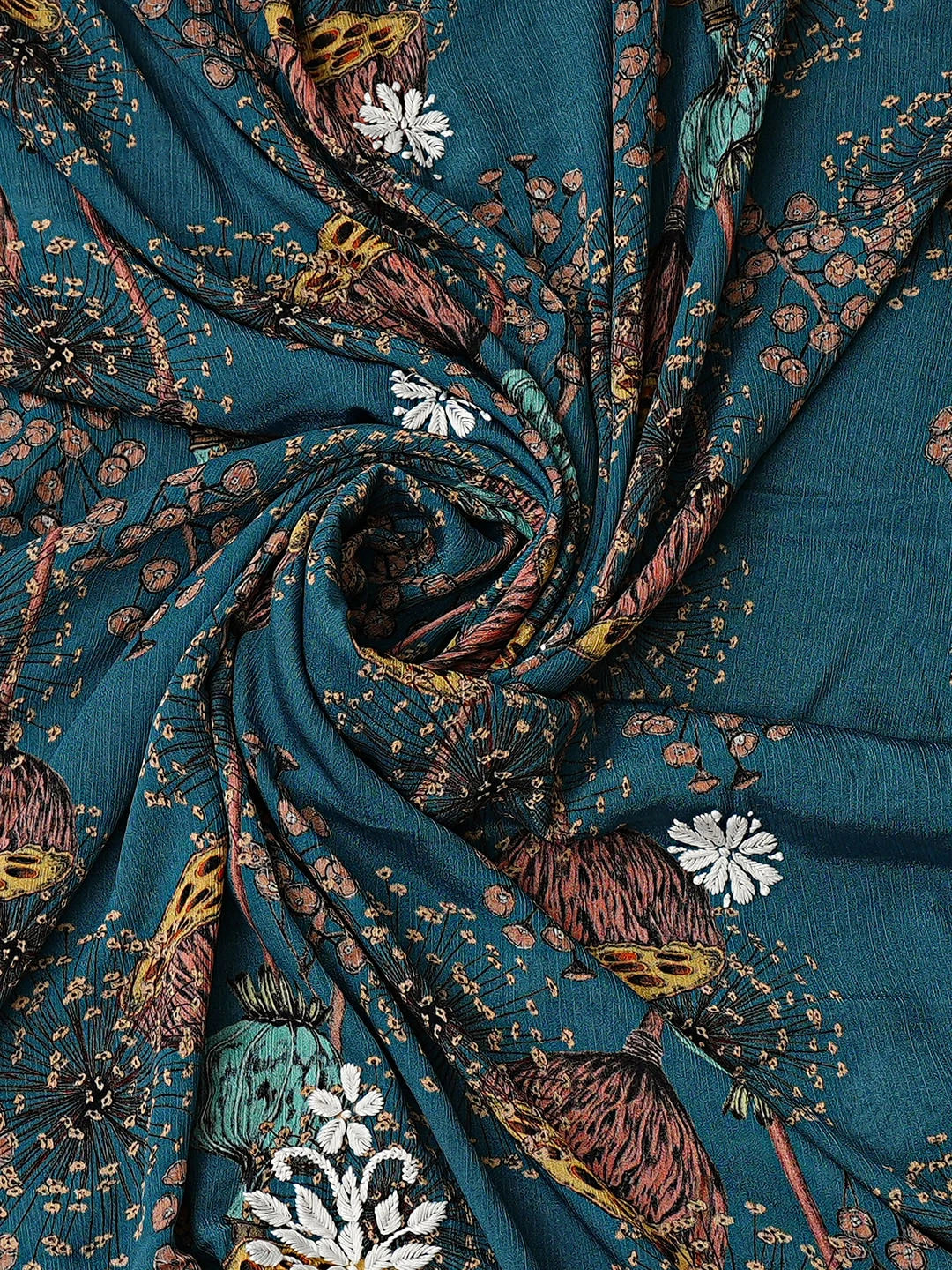 Ada Hand Embroidered Floral Printed Peacock Blue Crepe Lucknowi Chikankari Unstitched Kurta Dupatta Set 01A723037
