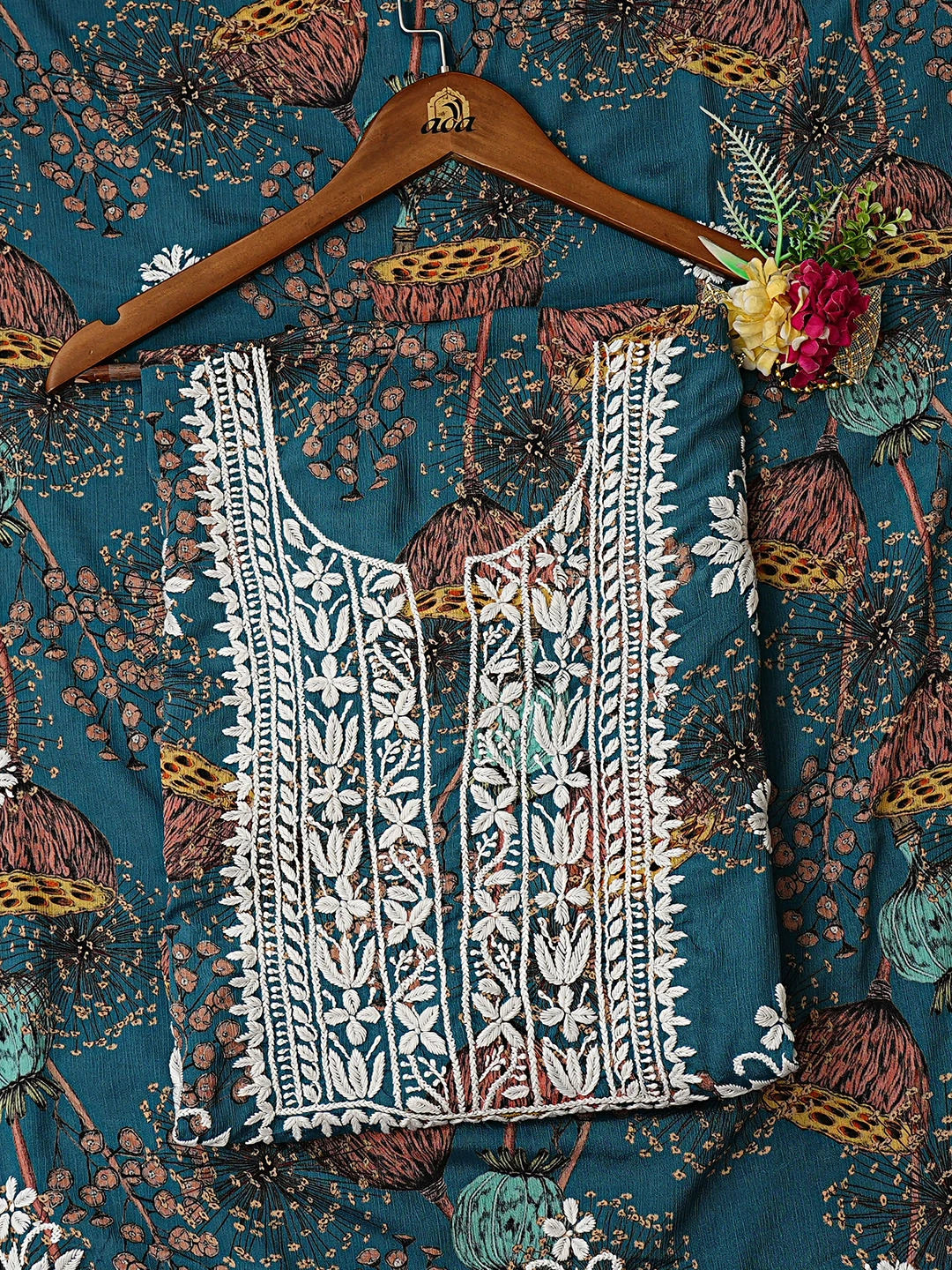 Ada Hand Embroidered Floral Printed Peacock Blue Crepe Lucknowi Chikankari Unstitched Kurta Dupatta Set 01A723037