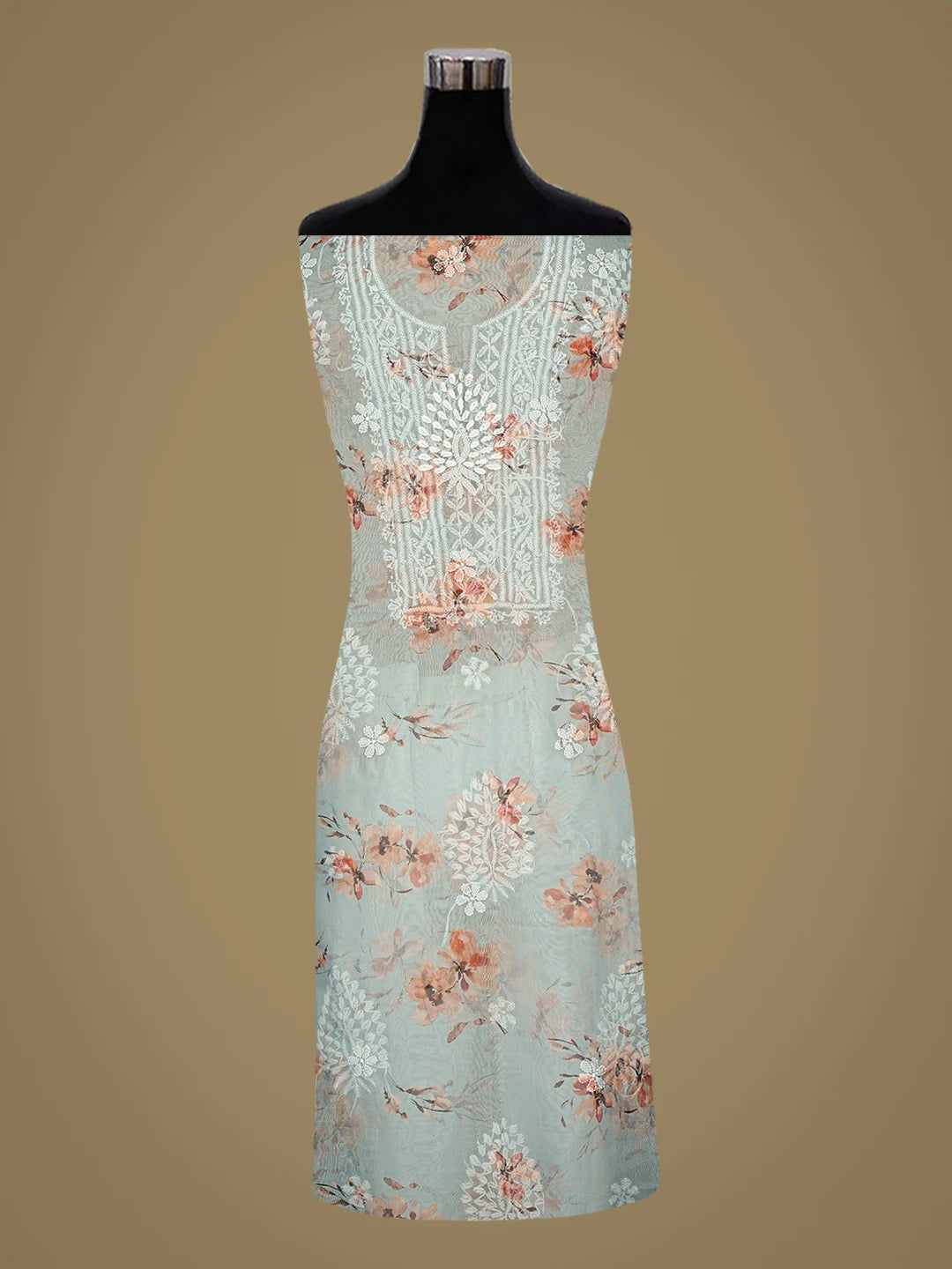 Ada Hand Embroidered Floral Printed Ash Grey Organza Lucknowi Chikankari Unstitched Kurta Dupatta Set 01A876517