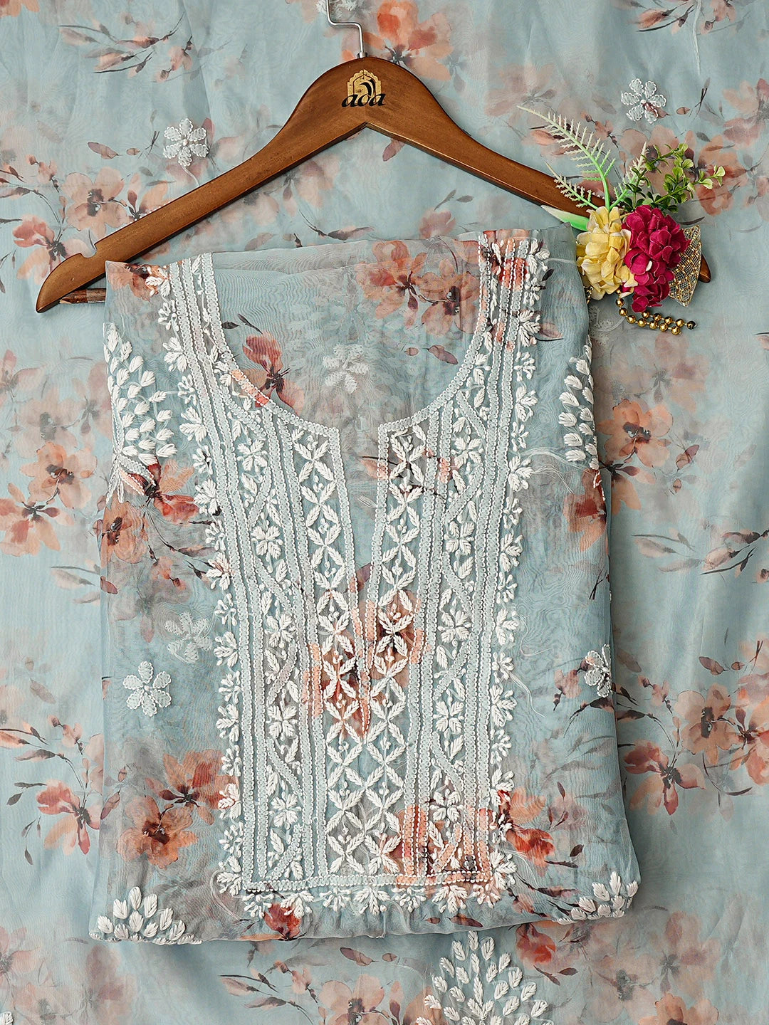 Ada Hand Embroidered Floral Printed Ash Grey Organza Lucknowi Chikankari Unstitched Kurta Dupatta Set 01A876517