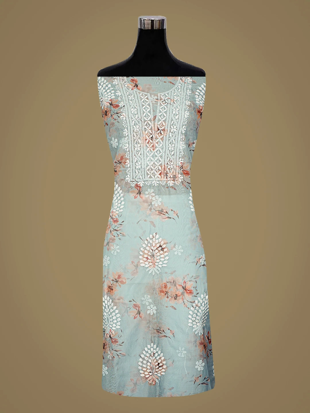 Ada Hand Embroidered Floral Printed Ash Grey Organza Lucknowi Chikankari Unstitched Kurta Dupatta Set 01A876517